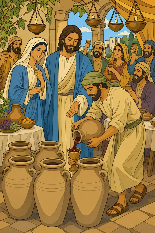 The painting this coloring page was drawn from: A servant pouring from a stone water jar at the wedding in Cana while Jesus, Mary and the guests look on