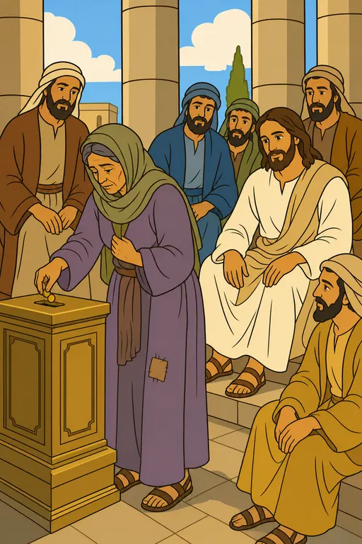 The painting this coloring page was drawn from: A poor widow dropping two small coins into the temple offering box as Jesus and His disciples watch