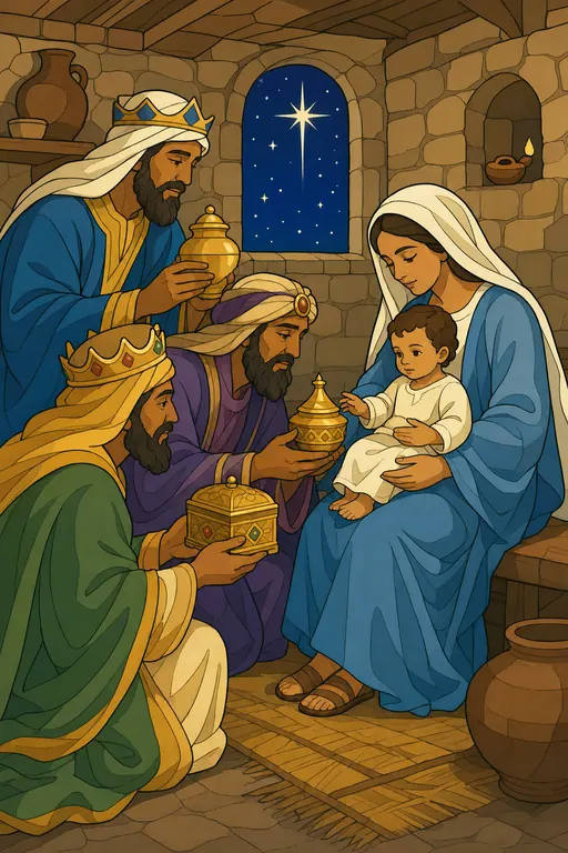 The painting this coloring page was drawn from: The wise men kneeling to give their gifts to the child Jesus on Mary’s lap, the star in the window