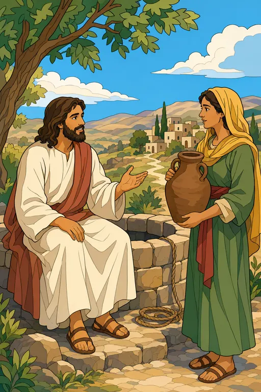 The painting this coloring page was drawn from: Jesus sitting on the rim of the well in Samaria, talking with a woman holding a water jar