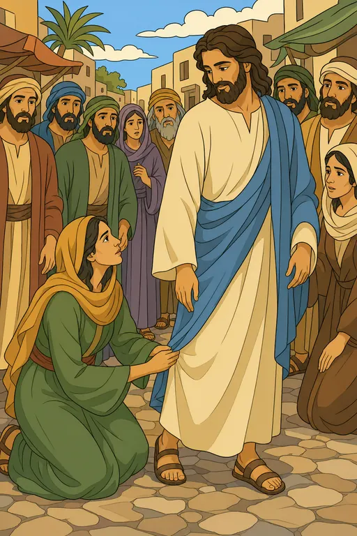 The painting this coloring page was drawn from: A woman in the crowd reaching out to touch the edge of Jesus’ cloak as He turns to look at her