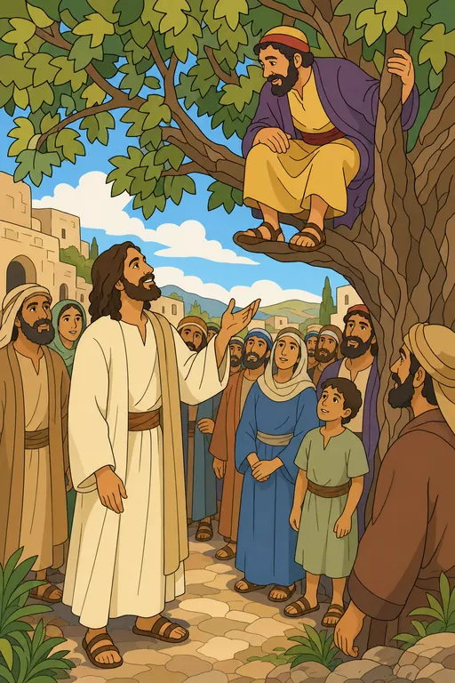 The painting this coloring page was drawn from: Zacchaeus sitting on a branch of the sycamore tree as Jesus looks up and calls to him from the crowd