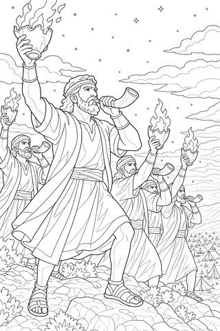 Gideon’s Horns and Torches coloring page