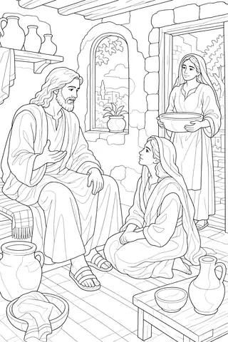 Jesus with Mary and Martha coloring page