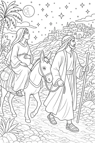 Mary and Joseph on the Road to Bethlehem coloring page
