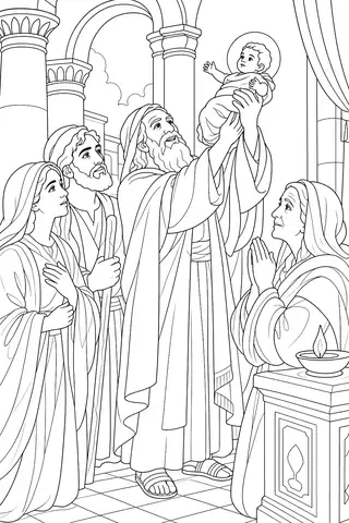 Simeon Holds Baby Jesus in the Temple coloring page