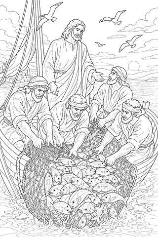 The Miraculous Catch of Fish coloring page