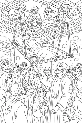Friends Lower a Man Through the Roof coloring page