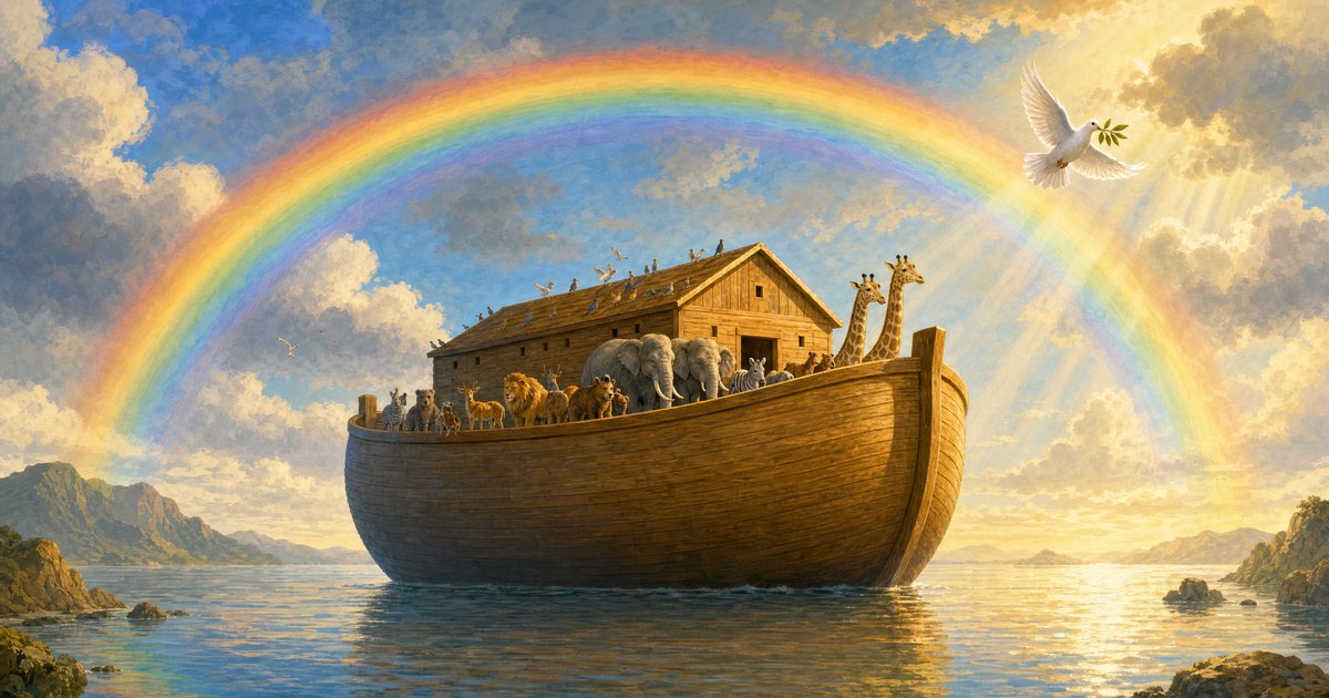 Noah’s ark on a hill under a rainbow, with animals looking out of its windows