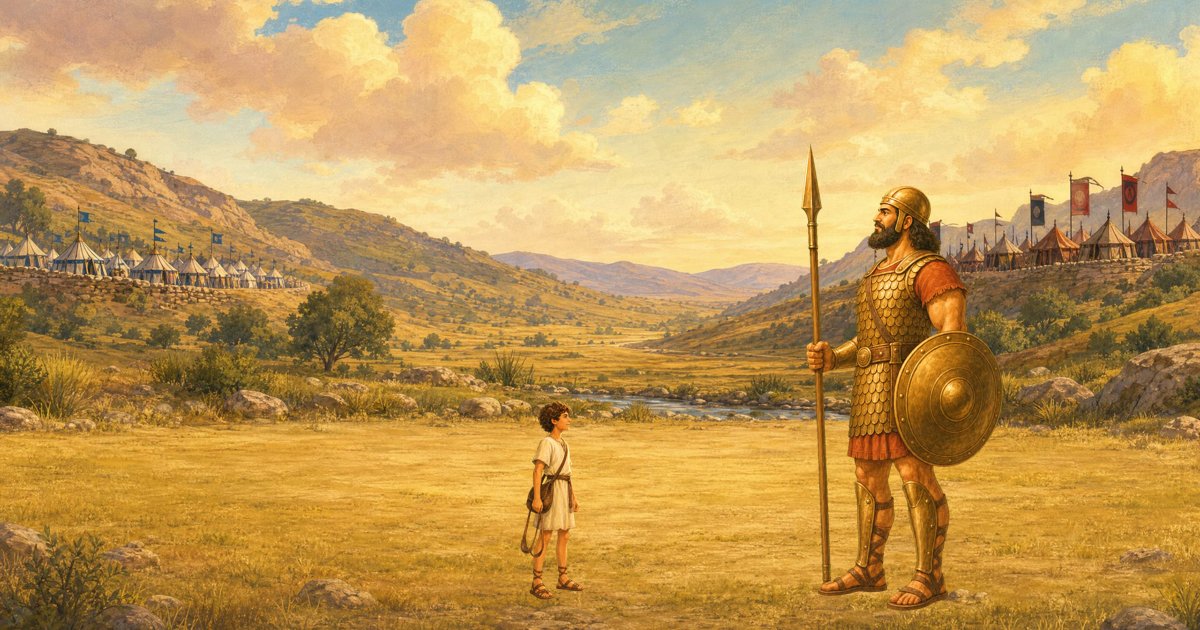 Young David with his sling facing the giant Goliath in the Valley of Elah