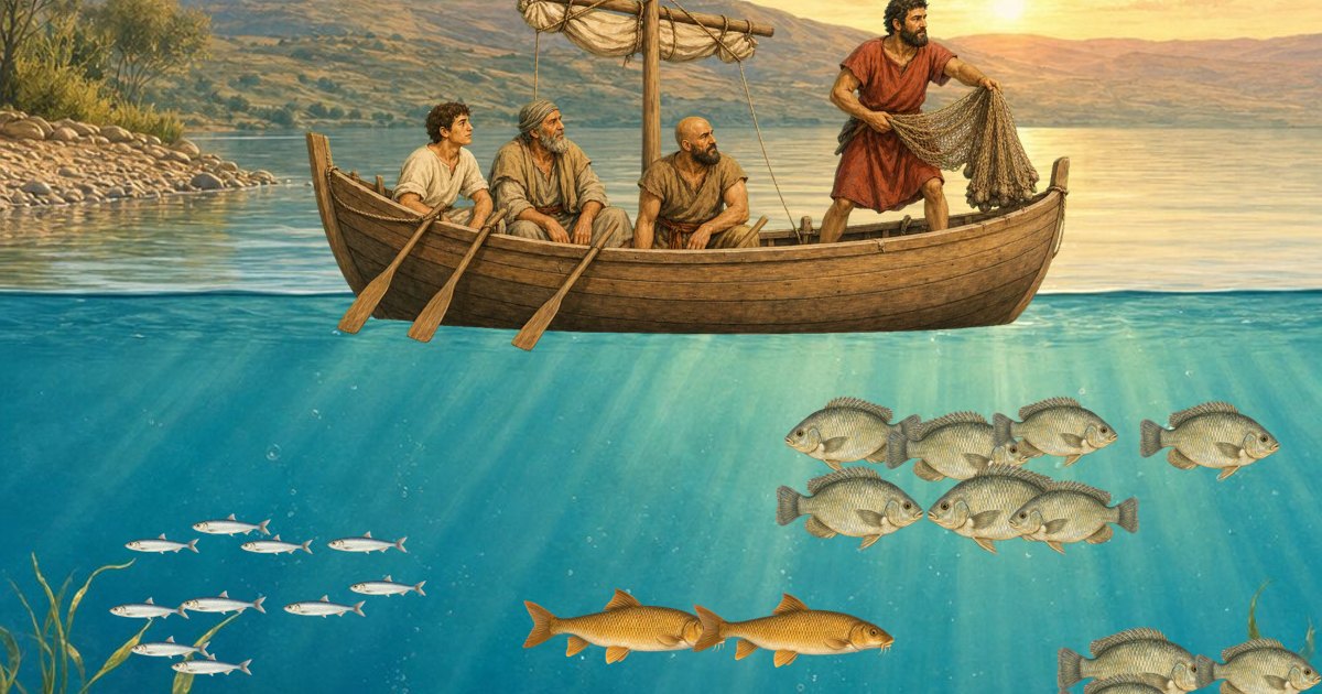 Peter ready to throw his net from a fishing boat on the Sea of Galilee at sunrise, with fish swimming below