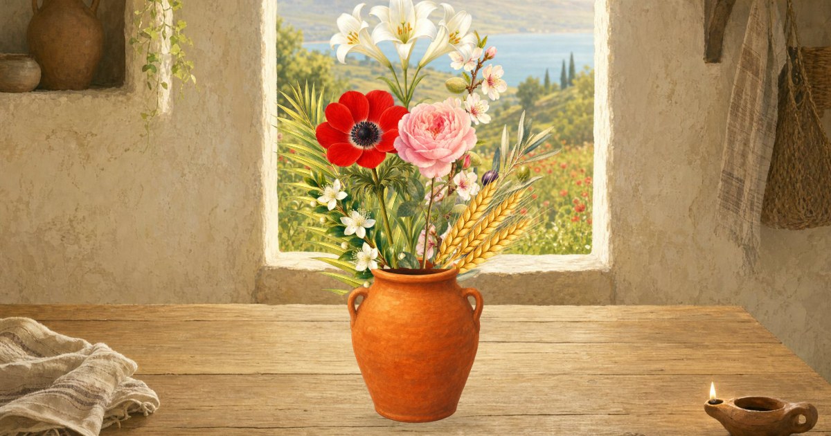A clay jar of lilies, almond blossom, a red anemone and wheat on a wooden table by a window over the Sea of Galilee