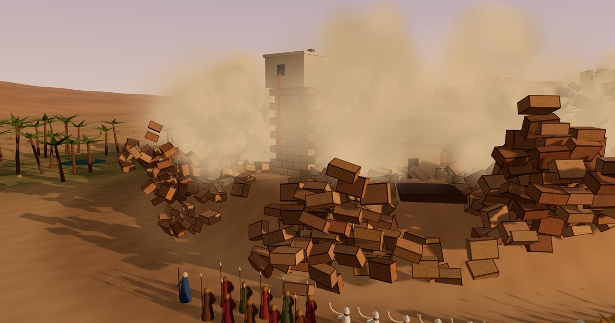 The walls of Jericho collapsing in a cloud of dust while the priests with rams’ horns stand in front, and Rahab’s house with the scarlet cord still standing