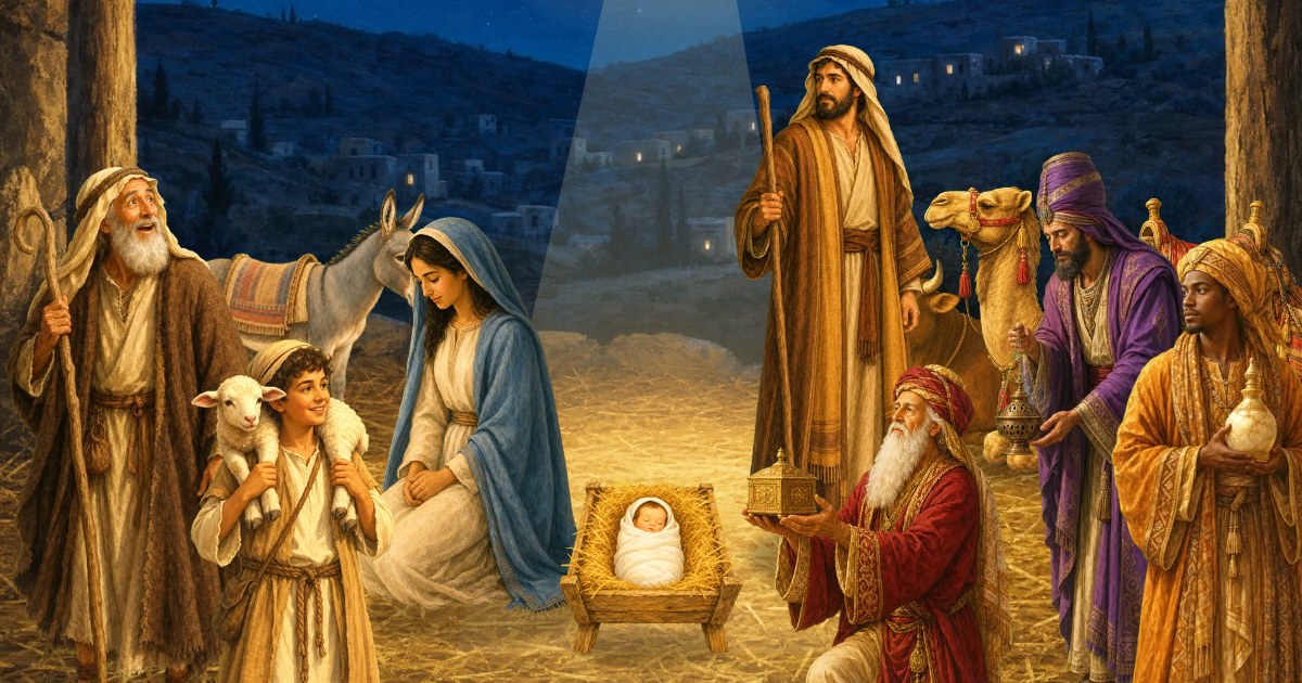 The nativity: Mary kneeling by the manger, Joseph with his staff, shepherds with a lamb, and the wise men bringing gifts under the star