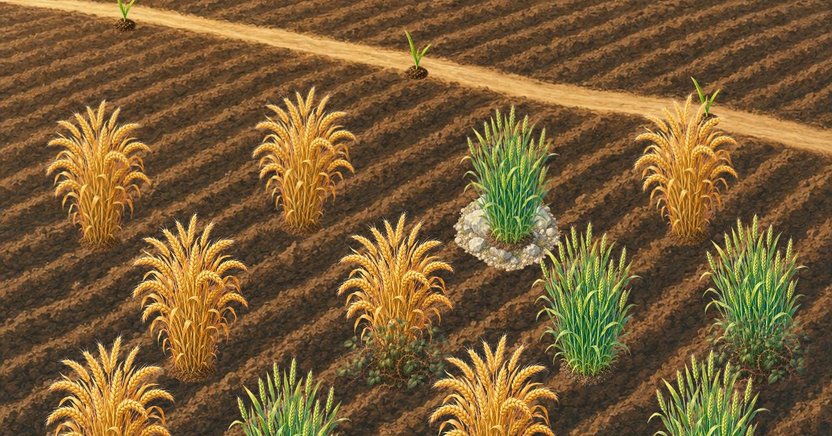 A plowed field with a trodden path, golden and green wheat growing, some among stones