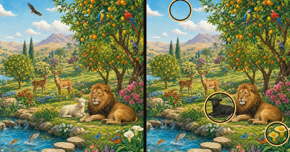 Two paintings of the Garden of Eden side by side, with the differences circled in gold: a black lamb, yellow lilies, a missing eagle