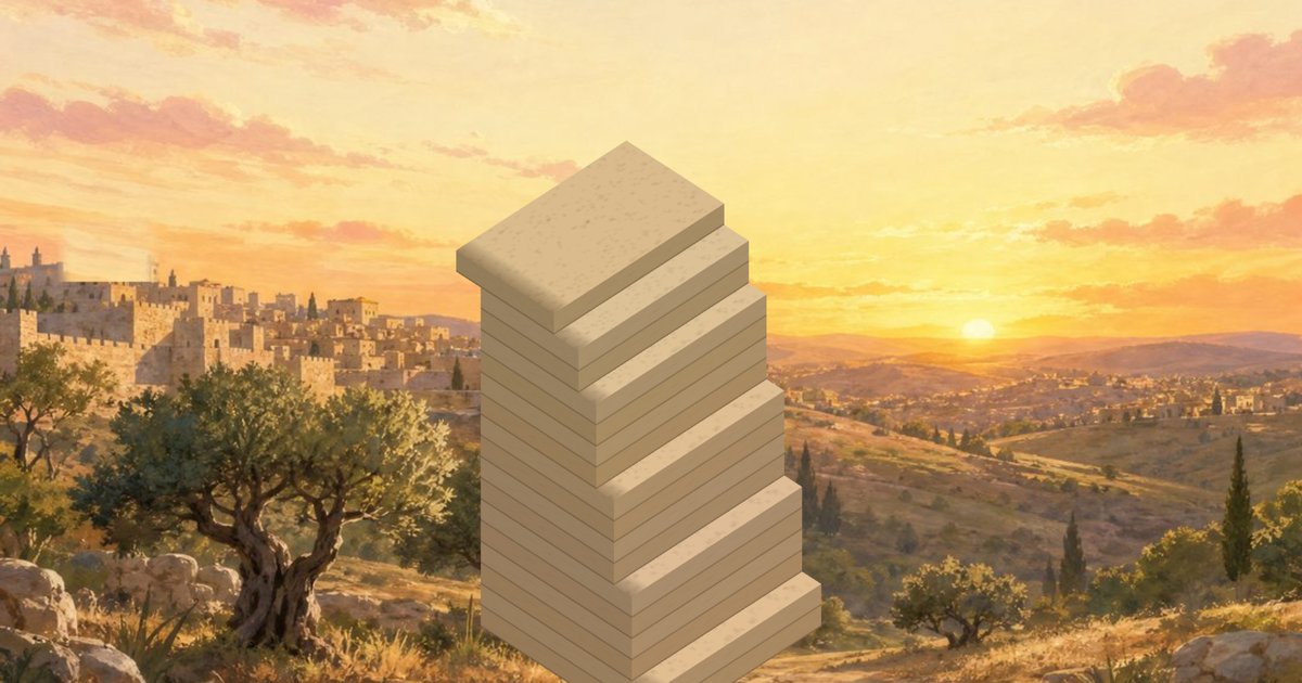 A tower of stones rising over the hills of Jerusalem at sunrise