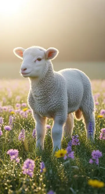 A white lamb in a field of flowers
