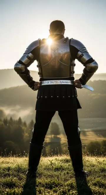 A man in armor looking over misty hills, the armor of God