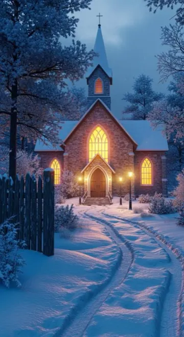 A small church glowing in the snow at night