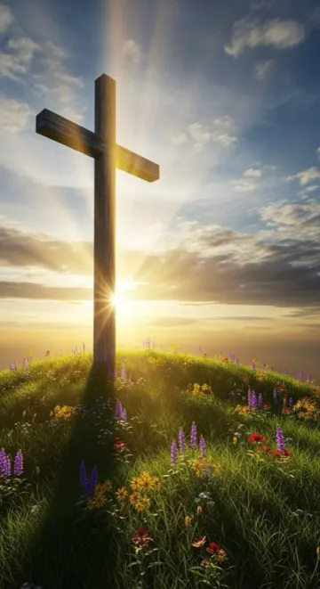 A wooden cross on a hill at sunrise