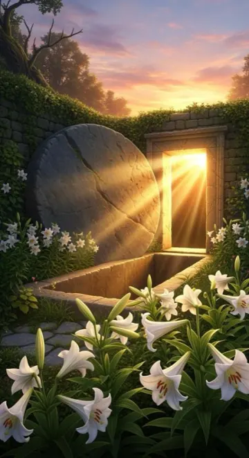 The empty tomb at sunrise with white lilies, an Easter jigsaw puzzle