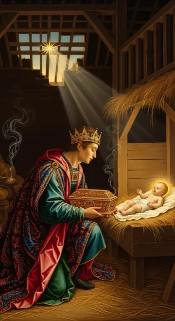 One of the Magi kneeling before the infant Jesus under the star