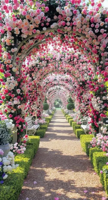A garden path under arches of roses