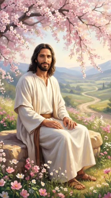 Jesus sitting among spring blossoms, a Jesus jigsaw puzzle