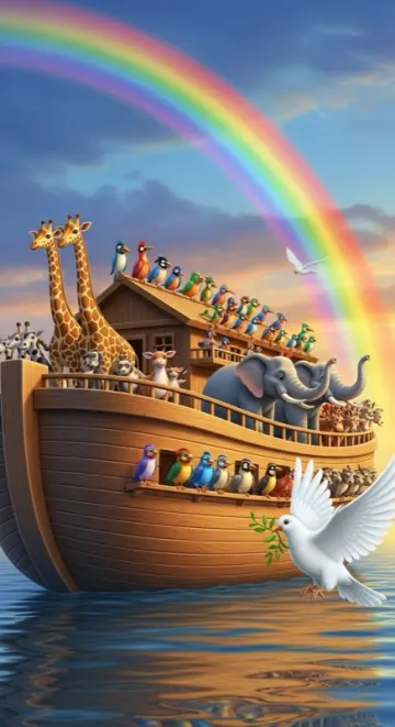 A bright cartoon of Noah's ark under a rainbow, for kids
