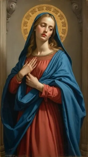 Mary in a blue mantle with folded hands