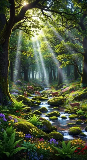 Sunlight through a forest above a stream