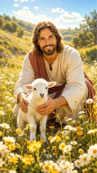 Jesus holding a lamb in a meadow of daisies