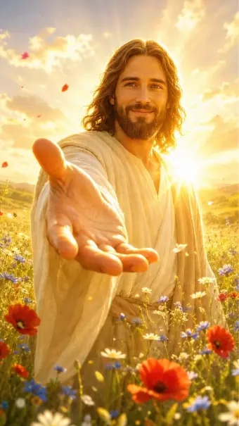 Jesus reaching out his hand in golden light among poppies
