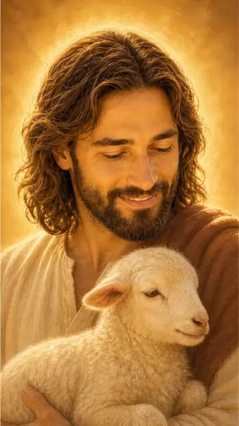 Jesus cradling a lamb close to his heart