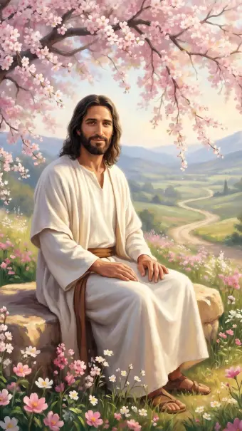 Jesus sitting under blossoming trees above a valley