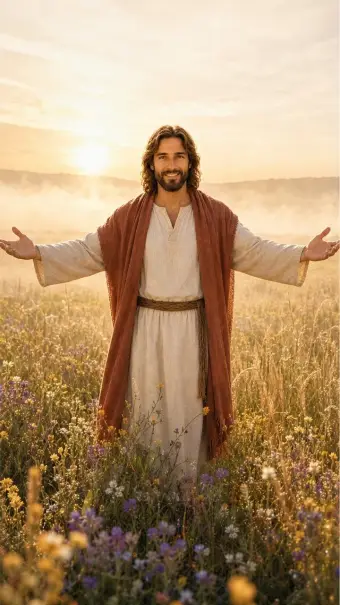 Jesus with open arms in a field at sunrise