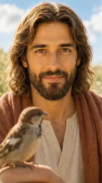 Jesus with a sparrow resting on his hand
