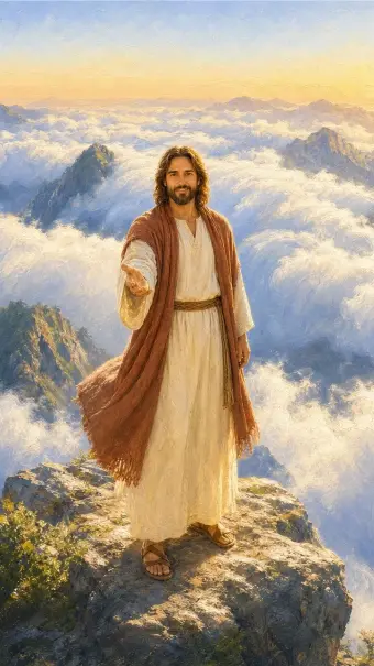 Jesus standing on a mountaintop above the clouds
