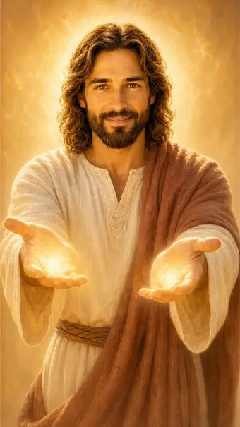 Jesus holding out hands full of light