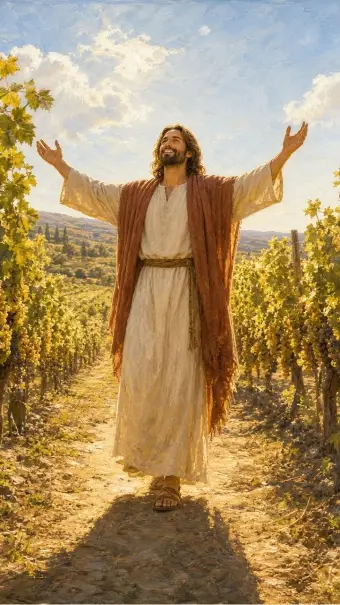 Jesus with arms raised in a vineyard