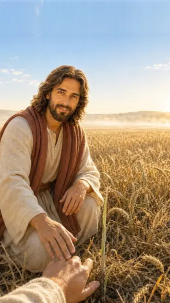 Jesus reaching back to take your hand in a wheat field