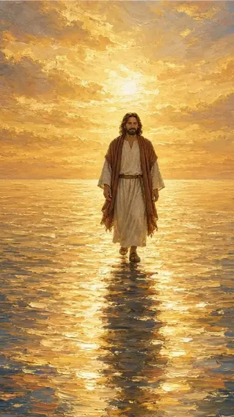 Jesus walking on golden water at sunset