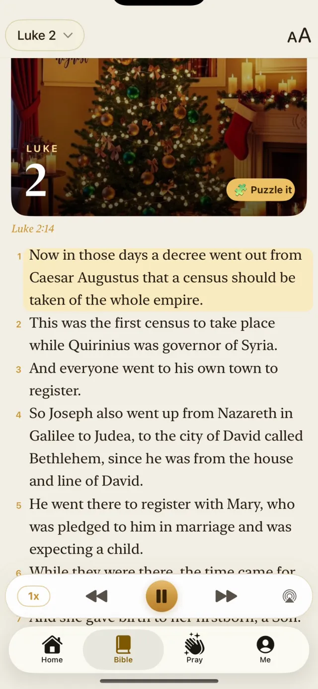 The Bible reader open at Luke 2, the verse being read aloud highlighted in gold