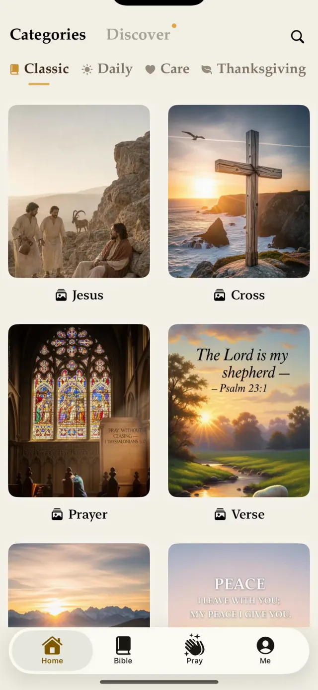 The app's Categories page with Jesus, Cross, Prayer and Verse collections