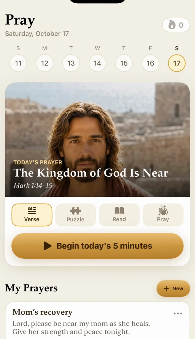 The Pray tab: today's prayer on Mark 1:14-15 with four steps, verse, puzzle, read, pray