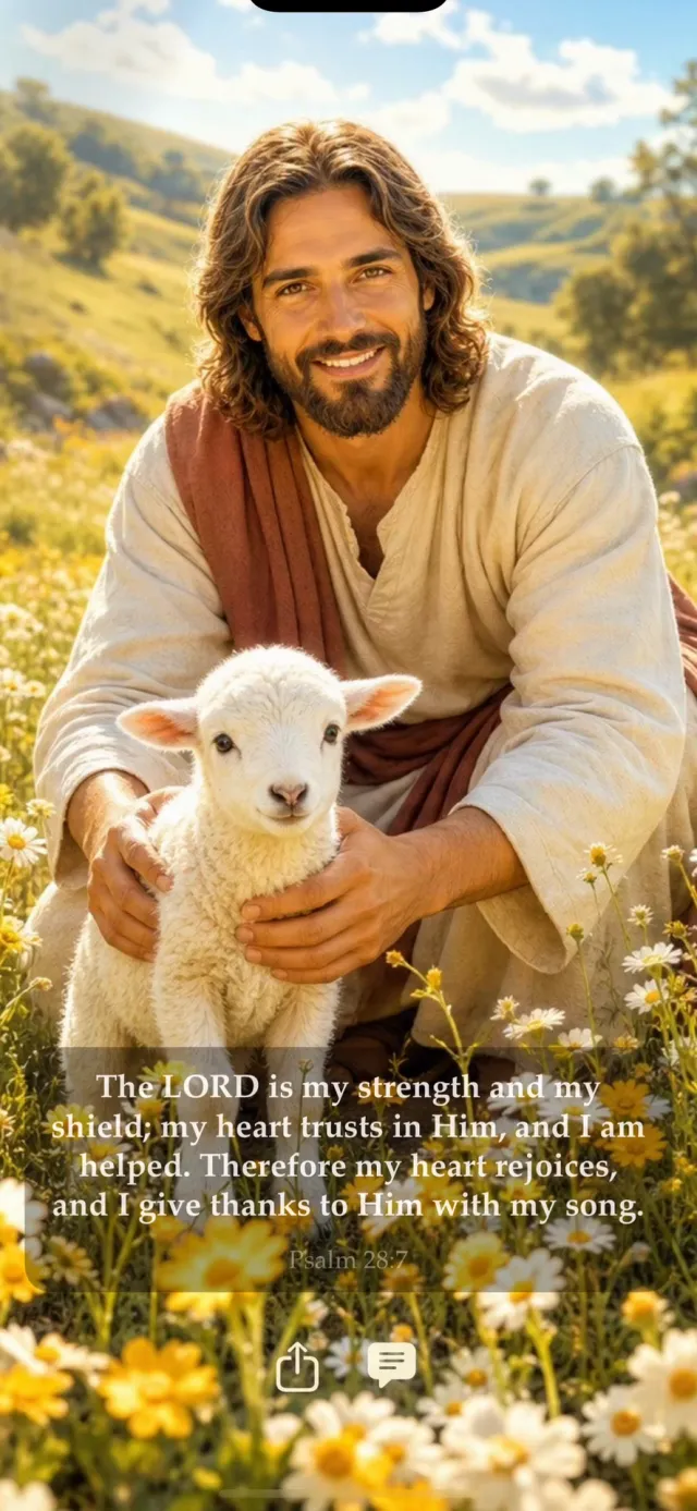 A finished puzzle of Jesus with a lamb, Psalm 28:7 shown over the painting