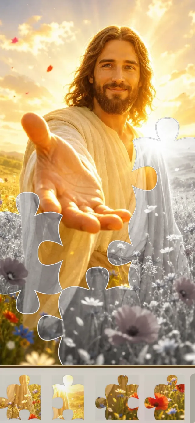 Bible jigsaw puzzle of Jesus reaching out his hand in golden light, half the pieces still grey