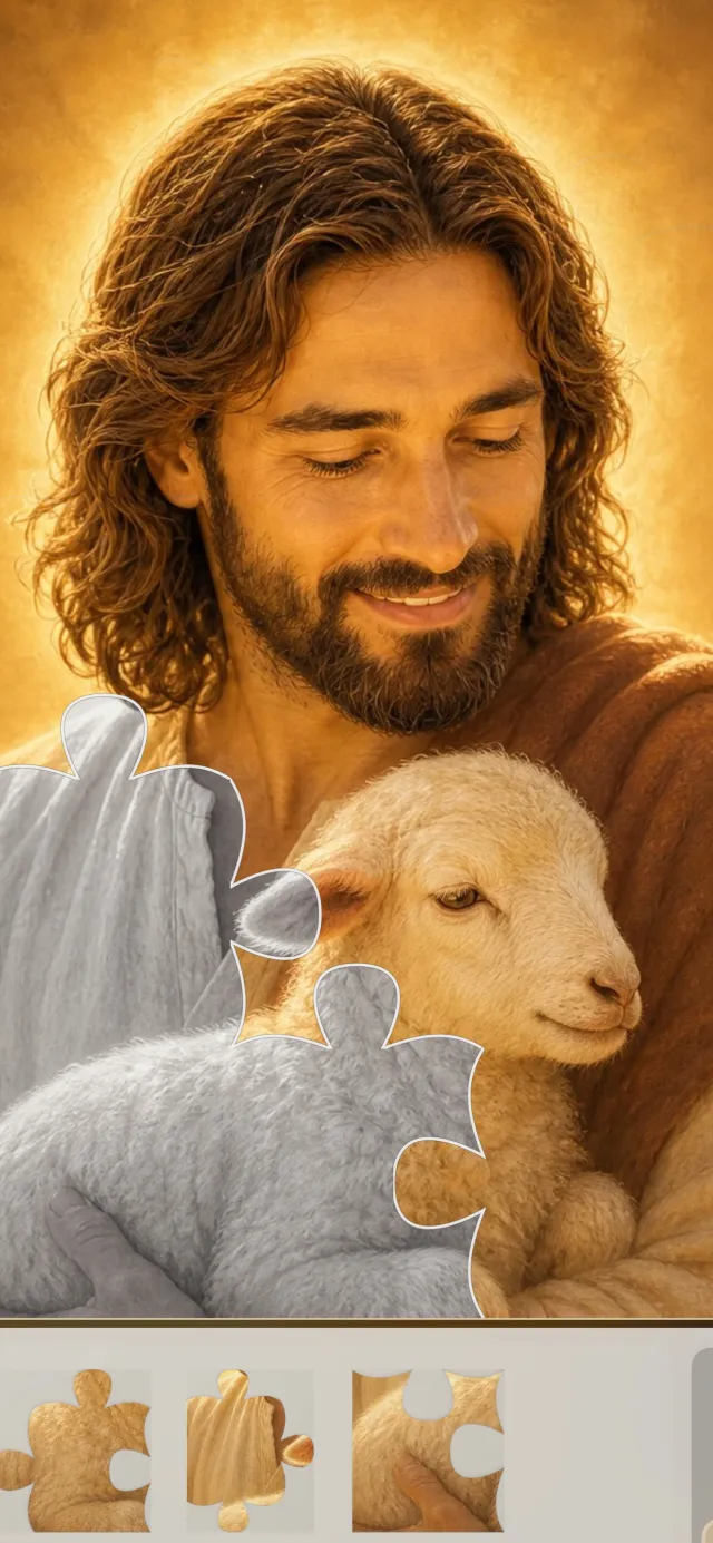 Close-up of Jesus cradling a lamb, a jigsaw with big easy pieces