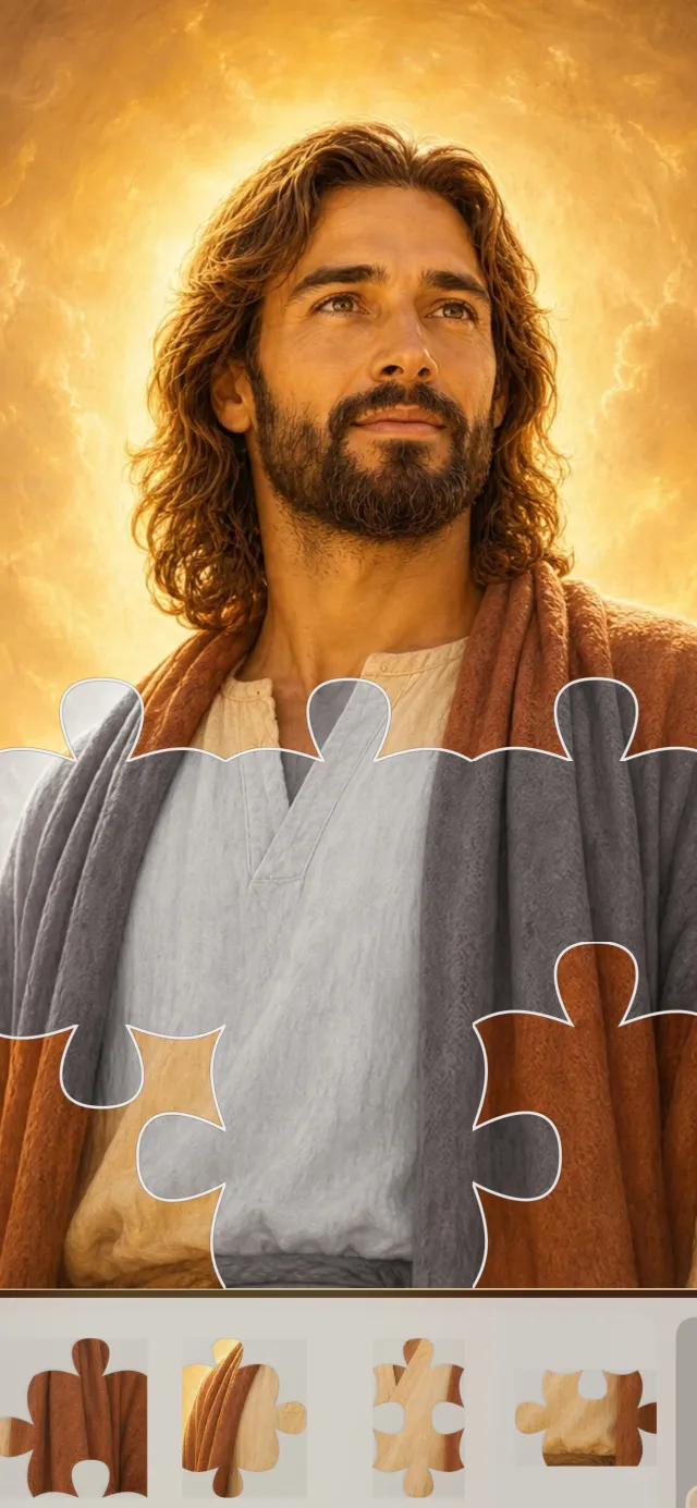 Jesus looking up in golden light, a Christian jigsaw puzzle with the last pieces in the tray
